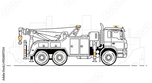 Line art illustration of a tow truck against a city skyline.