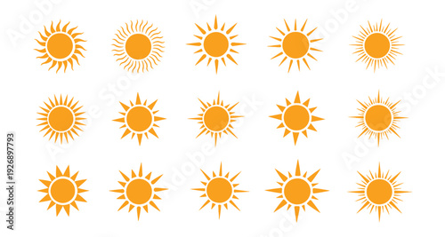 Collection of hand-drawn sun icons on a white backdrop

