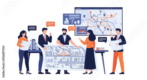 Team of professionals collaborating on a project blueprint.