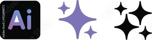 AI Logo and Sparkle Icon Set – Artificial Intelligence Gradient and Star Vector Illustration