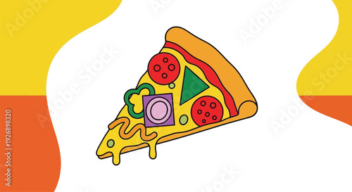 Delicious slice of pizza with melted cheese and toppings on colorful background