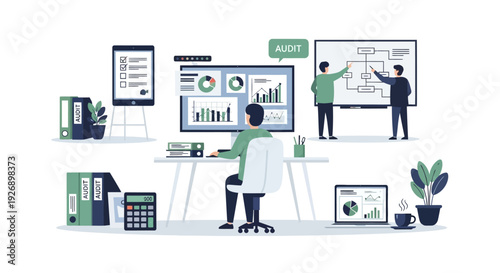 Business analytics and data visualization in modern office setting.