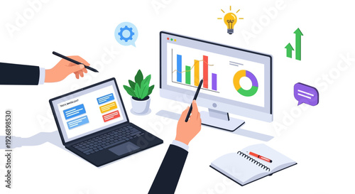Business analytics and data visualization on computer screens.