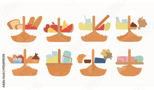 Cute Cartoon Picnic Baskets with Food Drinks and Flowers Flat Vector Set