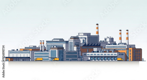 Industrial complex with various buildings and chimneys, representing manufacturing and production.