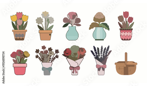 Playful Cute Spring Flowers in Pots and Bouquets Flat Nursery Vector Collection
