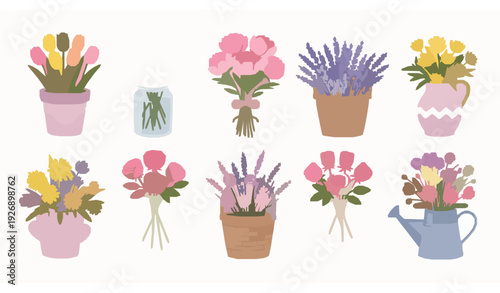 Cute Spring Flower Arrangements in Pots Vases and Baskets Flat Seasonal Vector