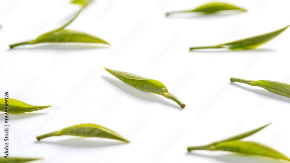 Obraz premium Green tea leaves on white background