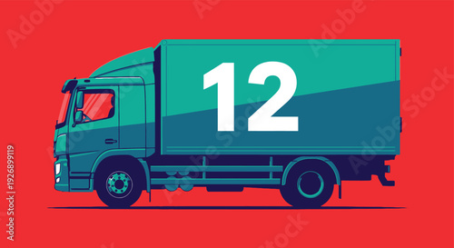 Teal truck with large number 12 on side against red background