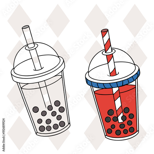 Two bubble tea drinks with straws and boba Vector