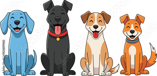 Happy Cartoon Dog Characters Collection Featuring Cute Sitting Puppies with Smiling Faces for Pet Care, Veterinary and Animal Vector Illustration Set