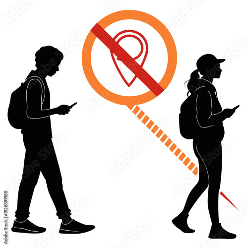 People walking while looking at their phones with a no listening symbol Vector