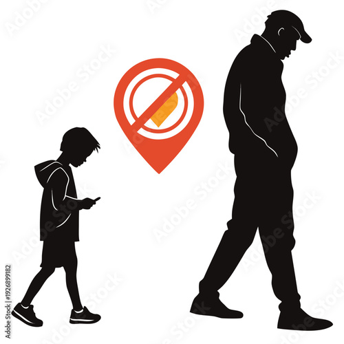 A man and a child are walking while looking at their phones with a no location services icon Vector