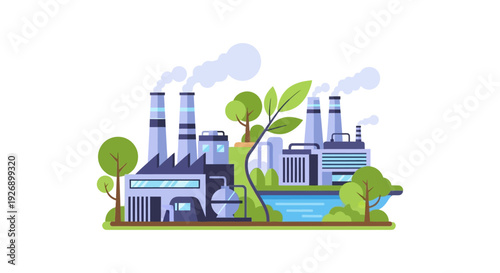 Green Factory Concept: Industry and Nature Balance, Environmental Sustainability Illustration