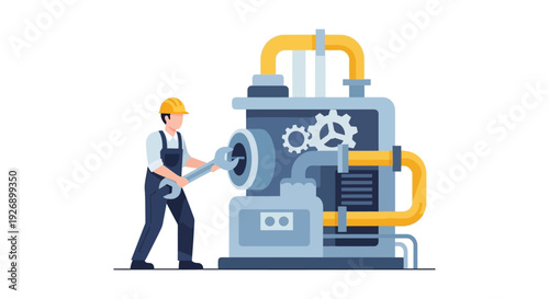 Industrial Worker Servicing Machinery: Maintenance, Repair, and Manufacturing Process Flat Vector Illustration
