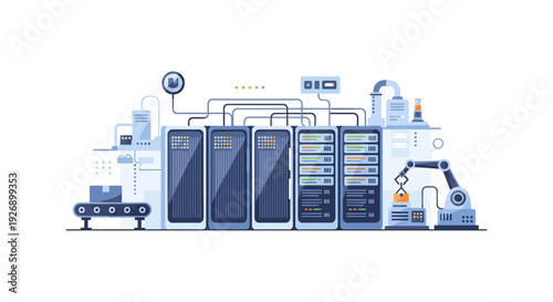Automated Data Center Infrastructure & Cloud Computing: Server Racks, Robotic Arm, and Data Processing