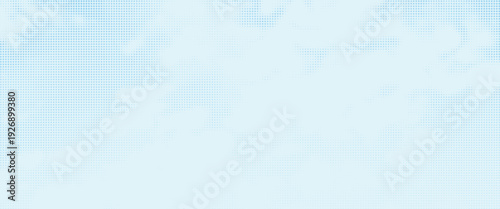 Blue halftone gradient pattern. Retro comic book background with white clouds against blue sky. Vector illustration.