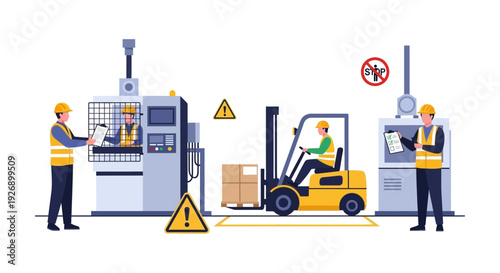 Industrial Workplace Safety, Manufacturing & Logistics: Workers Operating Machinery, Forklift & Production Line. Occupational Health & Safety Concept.