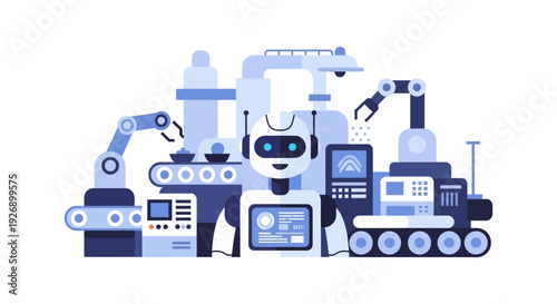 Friendly Robot Overseeing Automated Smart Factory Production Line - Industry 4.0 and AI Manufacturing Illustration