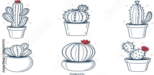 Set of Hand Drawn Cactus and Succulent Icons in Pots with Red Flowers for Desert Themed Branding, Home Decor Prints, and Botanical Graphics
