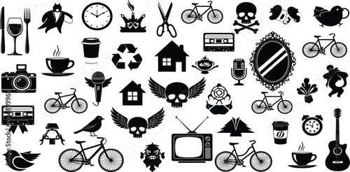 Vintage Silhouette Icon Collection Featuring Camera, Bicycle, Skull, Coffee Cup, Clock, Microphone and Retro Objects for Design Vector Set