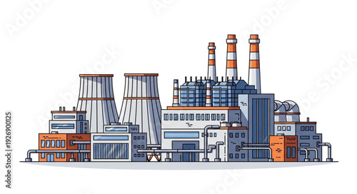 Complex industrial plant with cooling towers and smokestacks, generating power.