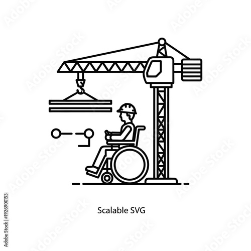 Disabled worker in wheelchair operating crane on construction site