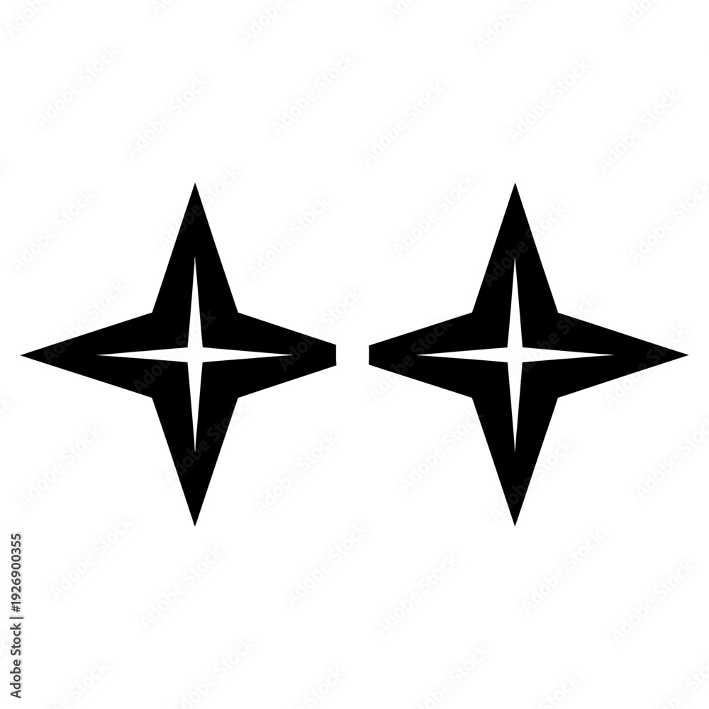Obraz premium Two black four-pointed star icons representing sparkles or twinkles in a minimalist flat vector style