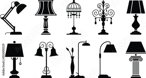 Collection of black and white lamp including desk lamps, floor lamps, chandeliers, and wall sconces