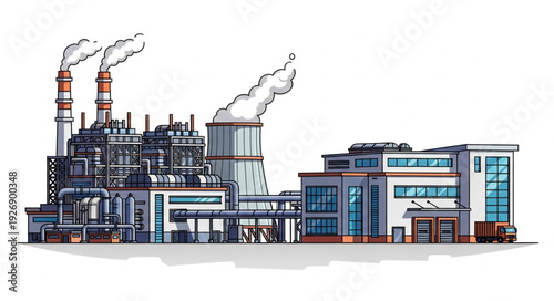 Detailed illustration of a large industrial power plant with smokestacks and buildings.