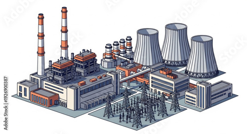 Complex industrial power plant illustration showcasing energy production and infrastructure.