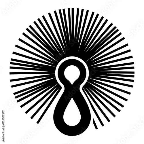 Stylized peacock graphic with radiating sunburst lines in black and white minimalist design