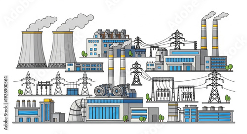 Detailed illustration of a power plant complex with various industrial structures and infrastructure.
