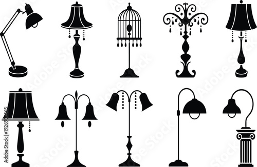 Collection of black and white vintage and modern lamps and lighting fixtures