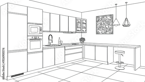 Line drawing of a modern kitchen featuring sleek cabinets, built-in appliances, and a barstool. Two pendant lights and botanical artwork add elegance.