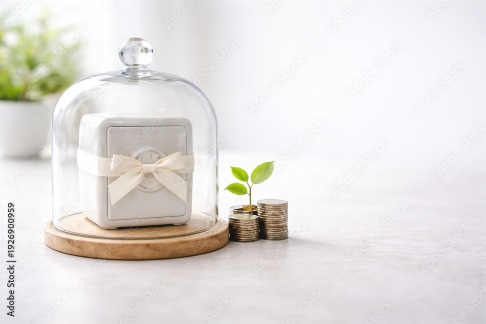Naklejka premium Protected Savings Concept with Safe Under Glass Dome and Growing Investment