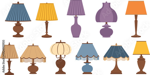 Collection of various colored table lamps with different and shades lampshades brown beige blue