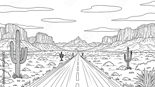 Desert landscape features a straight road centered between cacti and rocky terrain. Mountains line the horizon, with sparse clouds in the sky, creating a serene, vast atmosphere.