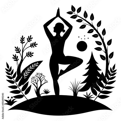 Silhouette of a yogi balancing in harmony with nature and wildlife Vector