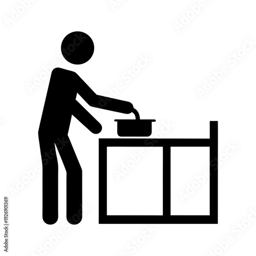 Person placing a pot on a high kitchen shelf for storage Vector