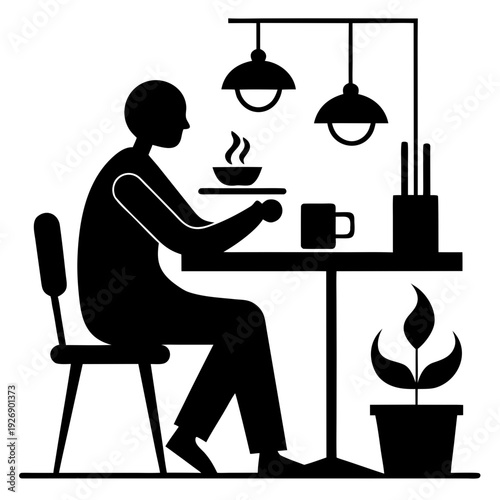Person enjoying a warm drink at a cozy kitchen counter Vector