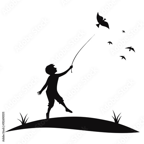 Child flying a kite on a sunny hillside Vector