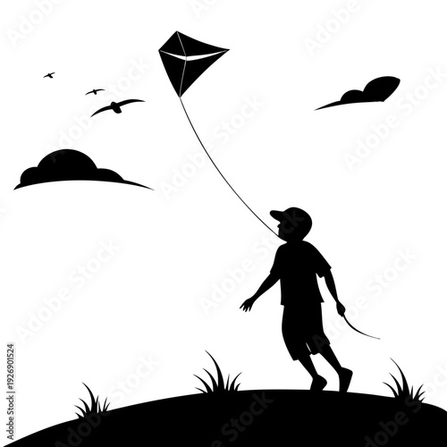 A child flying a kite on a sunny hillside with birds above Vector