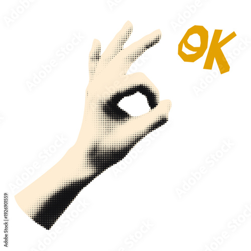 Halftone hand emoji OK sign with doodle text. Retro comic okay gesture of success, approval or agreement Cut out sticker for collage and scrapbook Modern retro mixed media vector illustration isolated