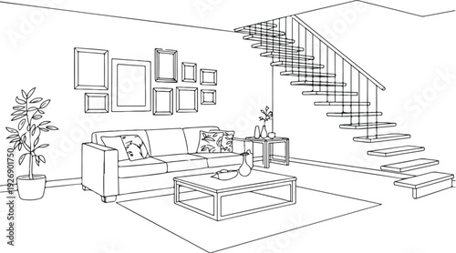 Modern Living Room Line Art Sketch  Sofa, Coffee Table and Staircase Interior