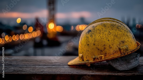 Yellow Hard Hat on Wet Surface with Blurred Construction Site Background at Dusk