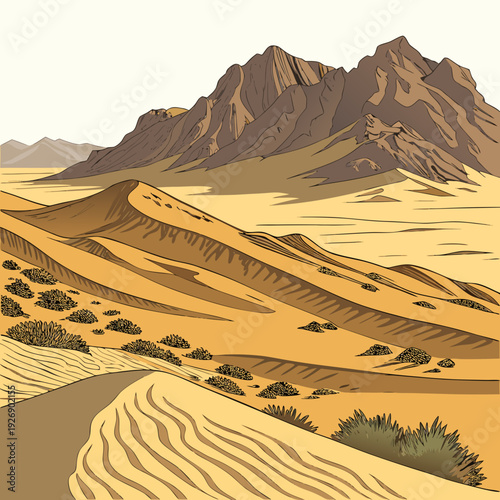 Vast desert landscape with rolling sand dunes, sparse vegetation, and rugged mountains under a pale sky. Stylized illustration.