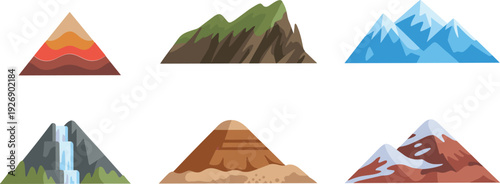 Six Different Types of Mountains with Various Colors and mountain types triangular mountain layered mountain