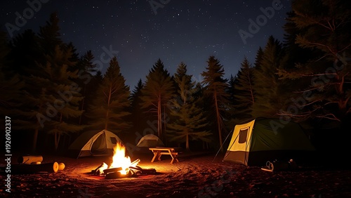 firelight. Twilight summer campsite with glowing firelight under a starry sky, evoking warmth and tranquility. travel magazines, destination branding, designed for travel destination branding.