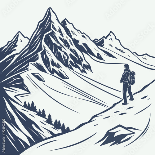 Solitary hiker standing on a snowy mountain ridge, gazing at dramatic, dark blue peaks and valleys in a stylized graphic.
